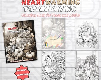53 Heartwarming Thanksgiving Coloring Book for Teens and Adults, Fall Decor Coloring, Autumn Coloring Pages, Relaxation, Seasonal, Grayscale