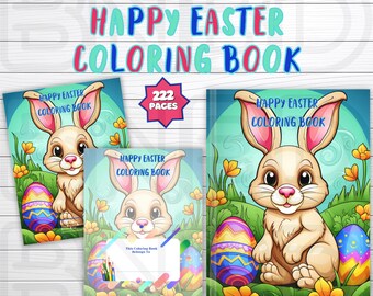 222 Happy Easter Coloring Book, Shaded and Grayscale, Easter Bunnies, Spring Coloring Pages, Kawaii Easter Bunnies, Easter Eggs and Baskets