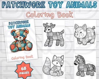 68 patchwork speelgoeddieren kleurboek, kleurplaten in grijstinten, kunstzinnige therapie, knuffels, kinderen en volwassenen, GRATIS HOESJES W AANKOOP