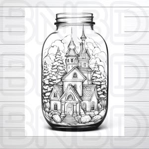 Op de afbeelding: Een zwart-witte lijntekening van een huis in een glazen pot. Het huis heeft een puntdak en een schoorsteen. Er zijn bomen en wolken rond het huis.