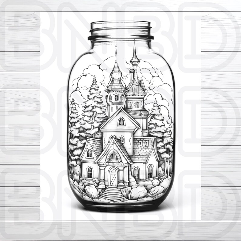 Op de afbeelding: Een zwart-witte lijntekening van een huis in een glazen pot. Het huis heeft een puntdak en een schoorsteen. Er zijn bomen en wolken rond het huis.