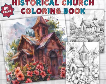 Kleurboek 58 historische kerken, grijswaardenfoto's, spirituele en religieuze illustraties, serene landschappen, GRATIS HOESJES W AANKOOP