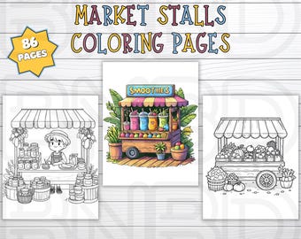 86 kleurplaten marktkraam, afdrukbare kleurplaten en 8 omslagen, uniek kleurboek marktkraam, afdrukbaar kleurboek voor volwassenen en kinderen