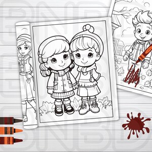 May include: Black and white coloring page featuring two girls wearing winter clothes and hats. The girls are standing in a field of leaves.