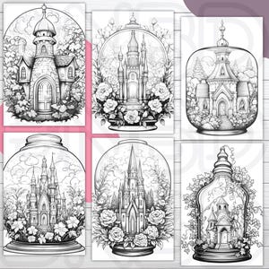 Op de afbeelding: Zes zwart-wit illustraties van glazen koepels met miniatuurhuizen en kastelen. Elke koepel is omgeven door bloemen en groen. De illustraties zijn perfect om in te kleuren.