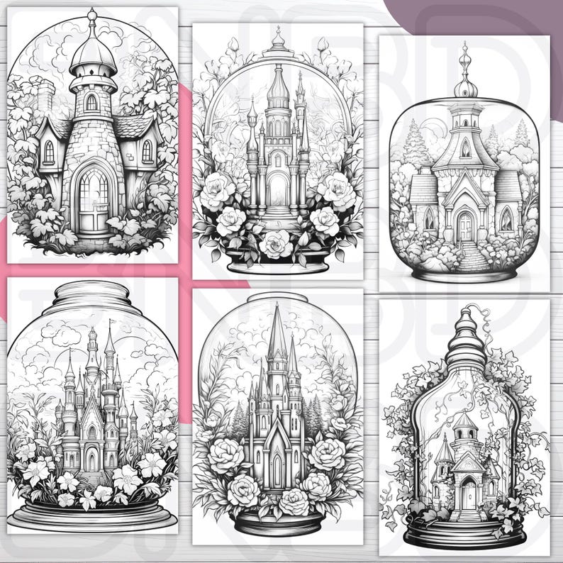 Op de afbeelding: Zes zwart-wit illustraties van glazen koepels met miniatuurhuizen en kastelen. Elke koepel is omgeven door bloemen en groen. De illustraties zijn perfect om in te kleuren.