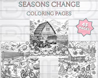 43 Seasons Change Coloring Pages, 8.5X8.5", Grayscale Shaded Pictures, Winter, Spring, Summer and Fall Coloring Illustrations, Seasonal Art