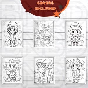 May include: A set of six black and white coloring pages featuring children in fall-themed scenes. The pages include children picking pumpkins, wearing fall clothing, and playing in the leaves.