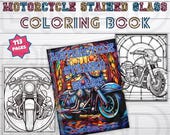 113 Motorcycle Stained Glass Coloring Book, Printable Adult Coloring, Biker Art, Motorbike Enthusiast Gift, Grayscale, 10 FREE BONUS COVERS