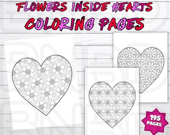 195 Flowers Inside Hearts Coloring Pages, Intricate Flower Designs, Valentines Day Flowers and Hearts, Mandala Hearts, Floral Art Designs