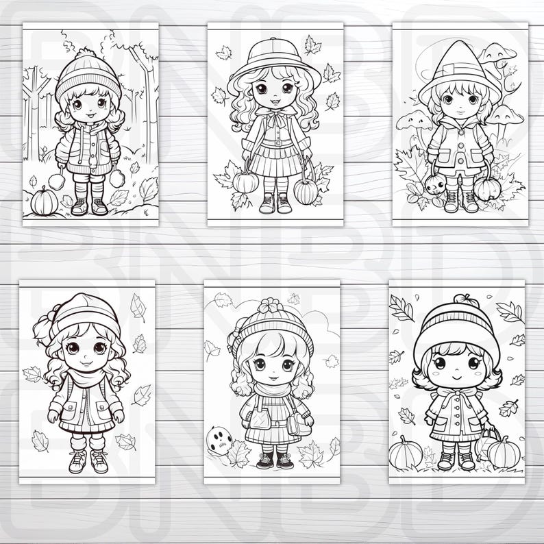May include: Six black and white coloring pages featuring cute girls in fall outfits. Each girl is holding a pumpkin and surrounded by fall leaves.