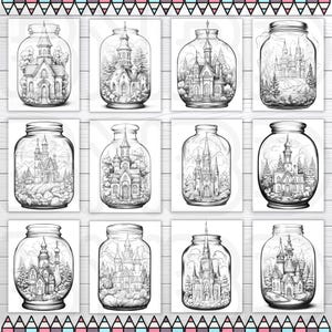 Op de afbeelding: Tien zwart-wit illustraties van glazen potten met ingewikkelde ontwerpen van gebouwen erin. De potten zijn allemaal in verschillende vormen en maten, en de gebouwen zijn allemaal uniek. De illustraties zijn perfect om in te kleuren of te gebruiken als inspiratie voor je eigen kunst.