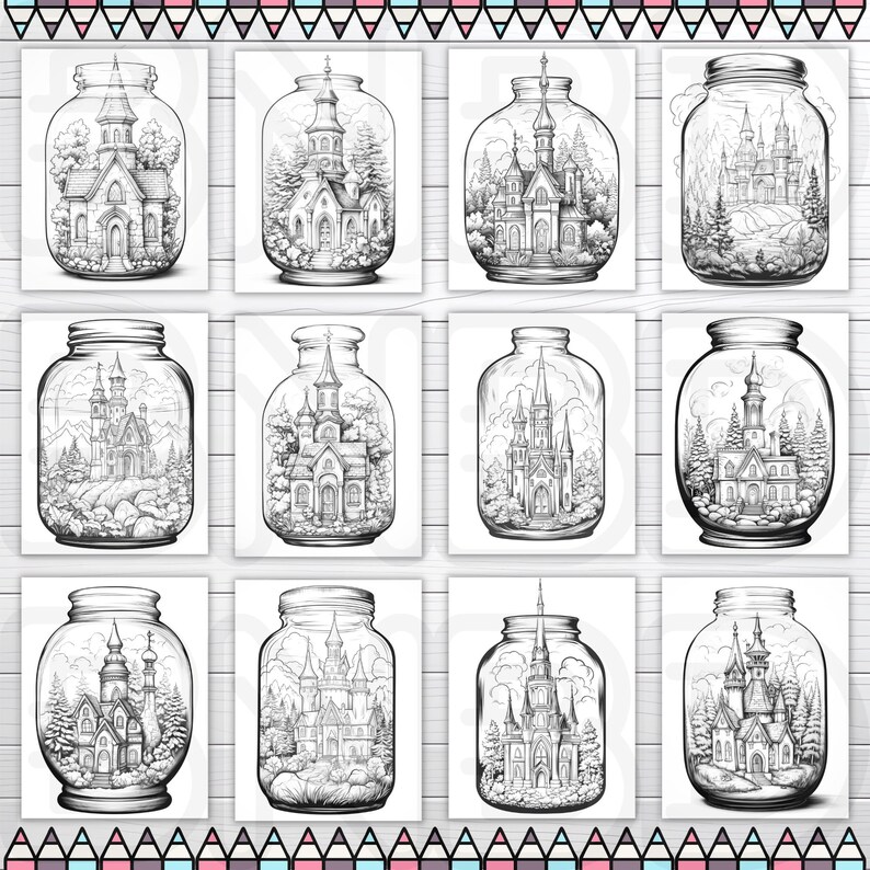 Op de afbeelding: Tien zwart-wit illustraties van glazen potten met ingewikkelde ontwerpen van gebouwen erin. De potten zijn allemaal in verschillende vormen en maten, en de gebouwen zijn allemaal uniek. De illustraties zijn perfect om in te kleuren of te gebruiken als inspiratie voor je eigen kunst.