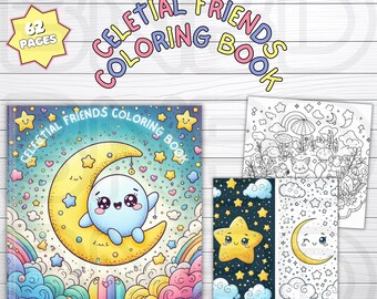 Pode incluir: Um livro para colorir com 62 páginas com amigos celestiais. A capa mostra um personagem azul fofo sentado em uma lua crescente amarela com estrelas e corações no fundo. O título "Celestial Friends Coloring Book" está escrito em uma fonte colorida.