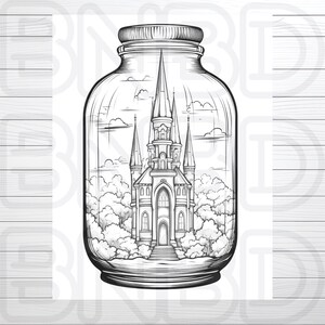 Op de afbeelding: Een zwart-witte lijntekening van een kerk in een glazen pot. De kerk heeft een hoge toren en veel ramen. De pot is afgesloten met een deksel.