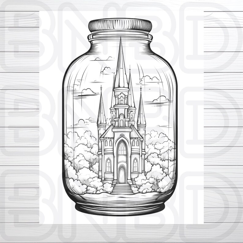 Op de afbeelding: Een zwart-witte lijntekening van een kerk in een glazen pot. De kerk heeft een hoge toren en veel ramen. De pot is afgesloten met een deksel.