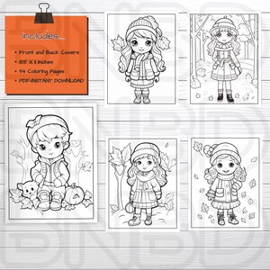 May include: A set of 94 coloring pages featuring children in autumn clothing. The pages are 8.5 inches by 11 inches and include front and back covers.  PDF-INSTANT DOWNLOAD.