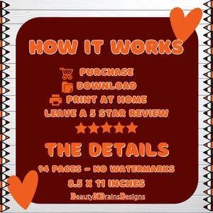 May include: A red and orange graphic with the text "HOW IT WORKS" and "THE DETAILS". The graphic lists the steps to purchase and download a printable product. The product is 94 pages and 8.5 x 11 inches. The graphic also includes the text "Beauty NBrains Designs".