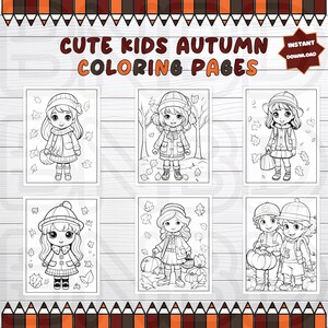 May include: Six black and white coloring pages featuring children in autumn themed outfits. The children are wearing hats, scarves, and coats. Some are holding pumpkins and leaves. The title "Cute Kids Autumn Coloring Pages" is at the top of the page.
