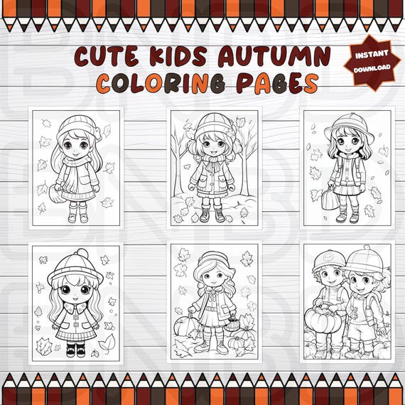 94 Cute Kids Autumn Coloring Pages, Boys and Girls Coloring Pages, Fall Season Coloring, Chibi and Kawaii Kids Coloring, Fall Activities