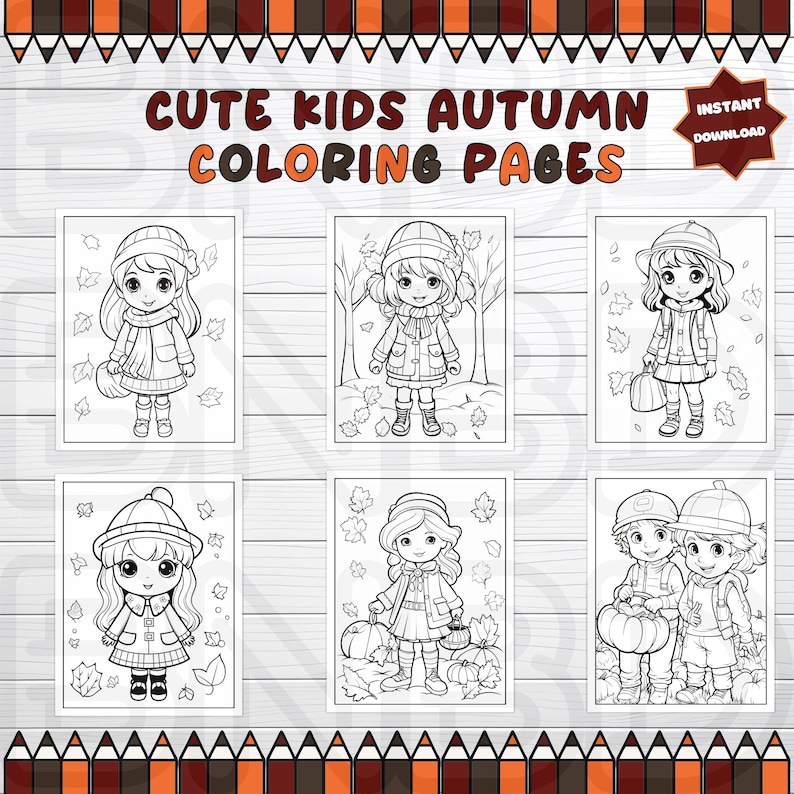 May include: Six black and white coloring pages featuring children in autumn themed outfits. The children are wearing hats, scarves, and coats. Some are holding pumpkins and leaves. The title "Cute Kids Autumn Coloring Pages" is at the top of the page.
