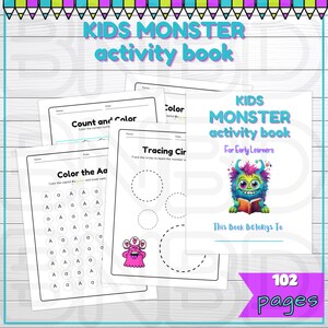 Libro de actividades de monstruos para niños de 102 años en adelante, actividades de aprendizaje divertidas, reconocimiento de letras, trazado de números y letras, trazado de formas