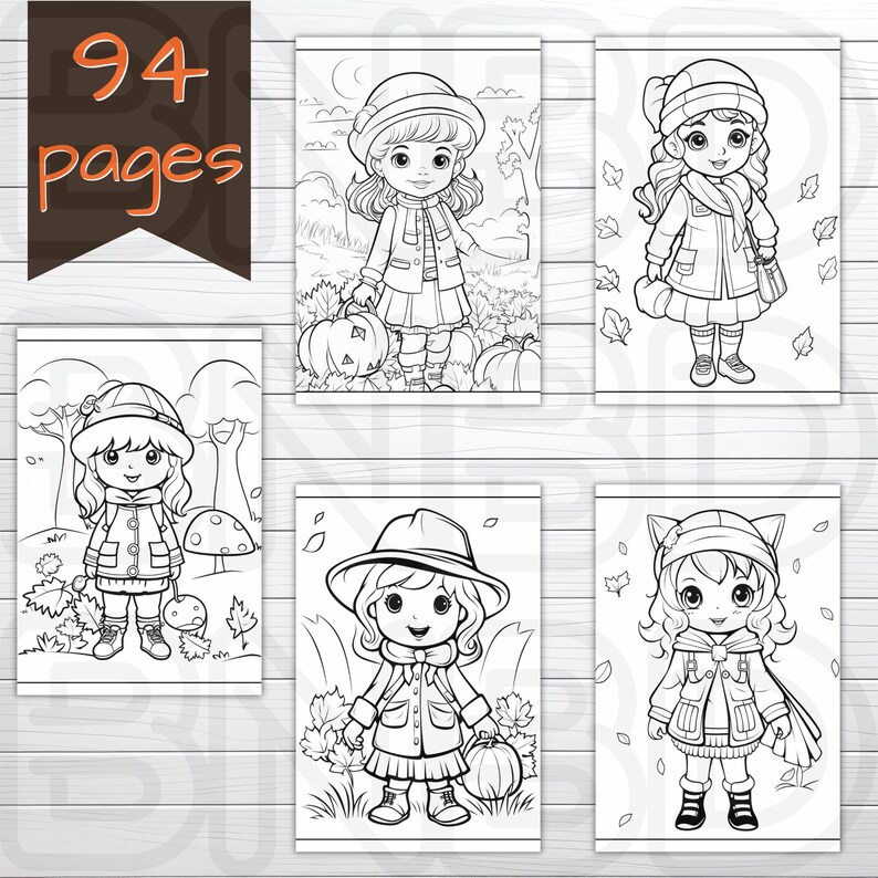 May include: Set of five black and white coloring pages featuring girls in fall outfits. Each girl is holding a pumpkin or leaves. The pages are perfect for kids to color and enjoy the fall season.