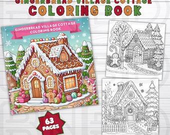 63 Gingerbread Cottage Village Coloring Book, 8.5X8.5 in. Square Coloring Pages, Grayscale Pages, Winter Festive Coloring Pages, Christmas