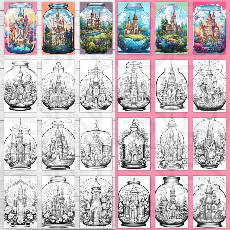 Op de afbeelding: Een set van 12 digitale kunstprints met fantasievolle illustraties van kastelen in glazen potten. De afbeeldingen zijn zowel in kleur als in zwart-wit.