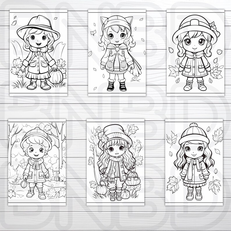 May include: Six black and white coloring pages featuring cute cartoon girls and boys wearing fall clothing and holding pumpkins. The girls have long hair and the boys have short hair. The characters are surrounded by fall leaves.