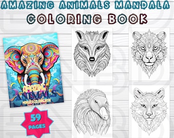 59 Amazing Animals Mandala Coloring Book, Stress Relief Coloring, Intricate Mandalas, Wildlife Coloring, Animal Art, FREE COVERS W PURCHASE