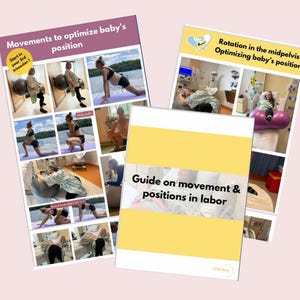 Könnte beinhalten: Ein Leitfaden zu Bewegung und Positionen während der Wehen mit Bildern verschiedener Positionen, um die optimale Position des Babys während der Schwangerschaft und Wehen zu unterstützen. Der Leitfaden enthält Text, der "Beginnen Sie im 3. Trimester!" und "Rotation im mittleren Becken Optimierung der Babyposition" lautet.