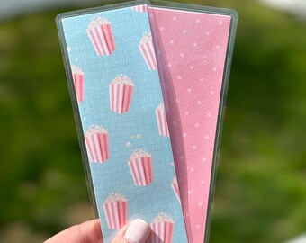 Popcorn & Polka Dots Reversible Laminated Bookmark – Handmade Double-Sided Cardstock Bookmark | Movie Night Gift for Book Lovers