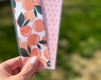 Peaches & Polka Dots Reversible Laminated Bookmark – Handmade Double-Sided Cardstock Bookmark | Cute Peach Design | Gift for Book Lovers