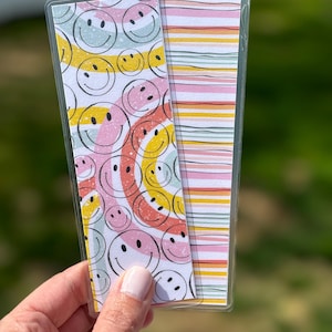 Happy Faces & Stripes Reversible Laminated Bookmark | Handmade Double-Sided Cardstock Bookmark | Gift for Book Lovers