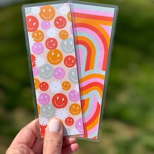 Happy Faces & Stripes Reversible Laminated Bookmark | Handmade Double-Sided Cardstock Bookmark | Gift for Book Lovers