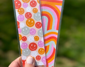 Happy Faces & Stripes Reversible Laminated Bookmark | Handmade Double-Sided Cardstock Bookmark | Gift for Book Lovers