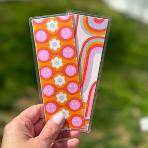 Retro Smiley Face & Rainbow Wave Reversible Laminated Bookmark – Handmade Double-Sided Cardstock Bookmark – Groovy Gift for Book Lovers