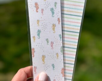 Seahorse & Ocean Wave Reversible Laminated Bookmark – Handmade Double-Sided Cardstock Bookmark – Nautical Gift for Book Lovers — Book Club