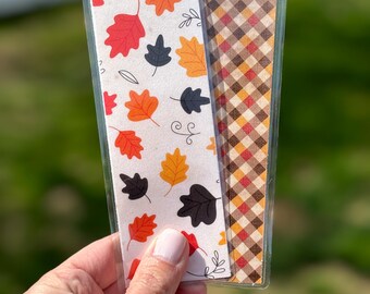 Leaves & Fall Plaid Reversible Laminated Bookmark | Handmade Double-Sided Cardstock Bookmark | Seasonal Gift for Book Lovers