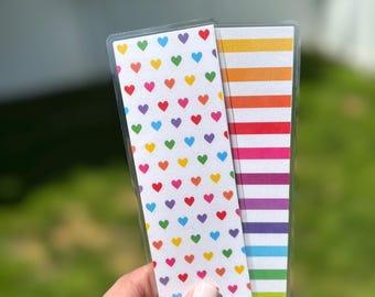 Rainbow Hearts & Stripes Reversible Laminated Bookmark – Handmade Double-Sided Cardstock Bookmark – Colorful Gift for Book Lovers
