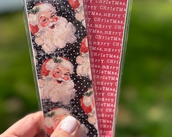 Vintage Santa Merry Christmas Reversible Laminated Bookmark | Handmade Double-Sided Holiday Bookmark | Stocking Stuffer for Book Lovers