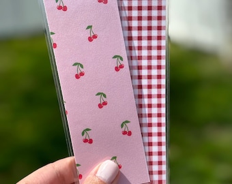 Cherry & Gingham Reversible Laminated Bookmark | Handmade Double-Sided Bookmark | Cute Gift for Book Lovers