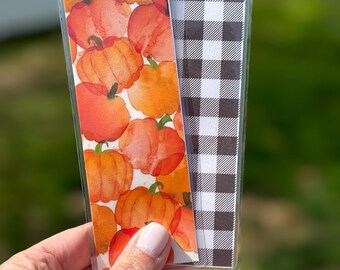 Pumpkins & Plaid Reversible Laminated Bookmark – Handmade Double-Sided Cardstock Bookmark | Fall Autumn Gift for Book Lovers