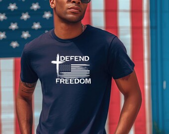 Patriotic Mens Shirt, Defend Freedom Liberty Faith Unisex Garment-Dyed Tee, Christian Tee, USA Gift, American Independence Day Shirt