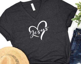 Jesus heart womens V neck tshirt, Faith shirt