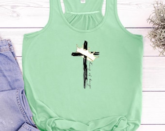 Christian Faith Women's Tank Top, Jesus is King Cross Crown Flowy Racerback Shirt, Gift for Her,  Christian Apparel