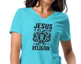 Jesus is my Savior, not my religion, lion Christian Women’s relaxed v-neck t-shirt