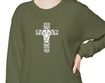 Lion Cross Long Sleeve T-Shirt | Christian Faith Shirt
