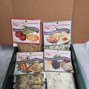 Soup Box #5!  4 Soup mixes; loaded Baked Potato, Creamy Tomato Basil, Country Chicken Vegetable,  Broccoli Cheddar; comfort food